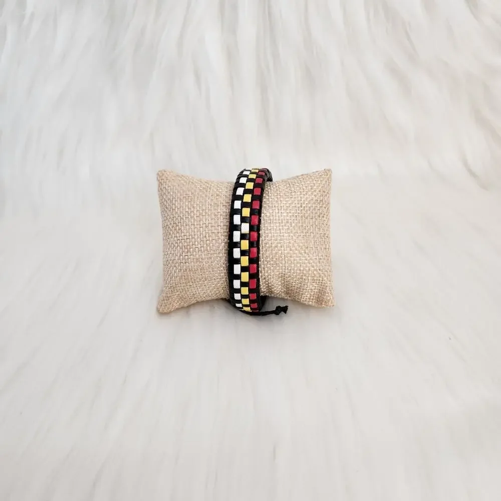 PU Leather Strand Bracelet Yellow Black White Ethnic Boho Reggae Hip Hop Unisex - Picture 3 of 3